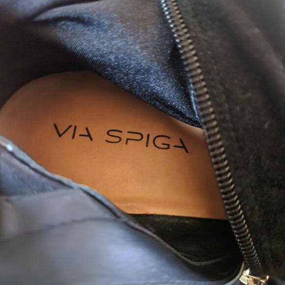 Via Spiga Black Suede Ankle Booties 8.5M Gold Metallic Block Heel Vero Cuoio - Picture 5 of 13